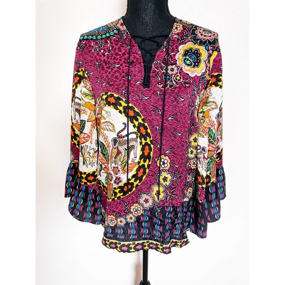 Etro Jungle Silk Lace-up Front Bell Sleeve Blouse Size 42 - Picture 2 of 13
